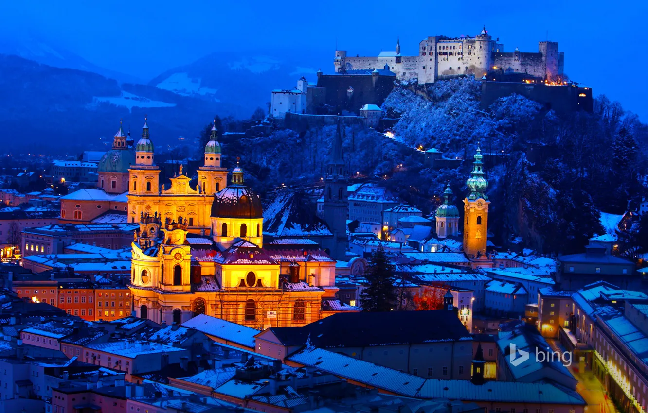 Photo wallpaper winter, snow, mountains, night, lights, castle, home, Austria