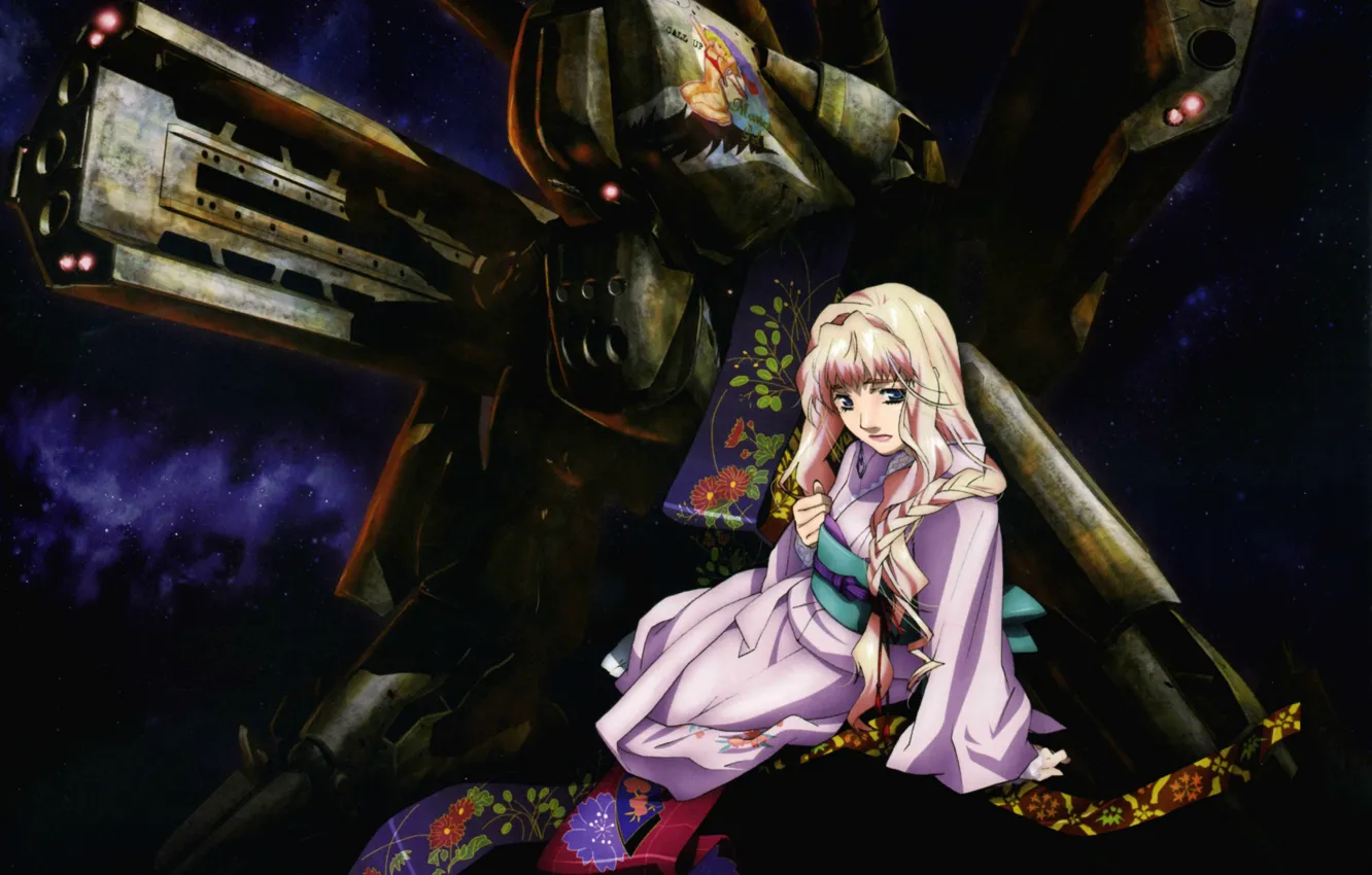 Photo wallpaper night, kimono, Macross Frontier, Sheryl Nome, super-weapons, combat robot, by yuuko yamada