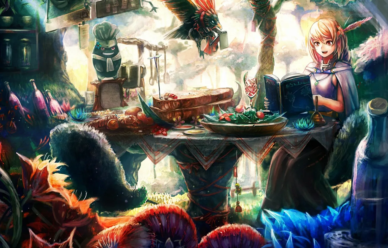 Photo wallpaper grass, girl, flowers, table, bird, bottle, art, book