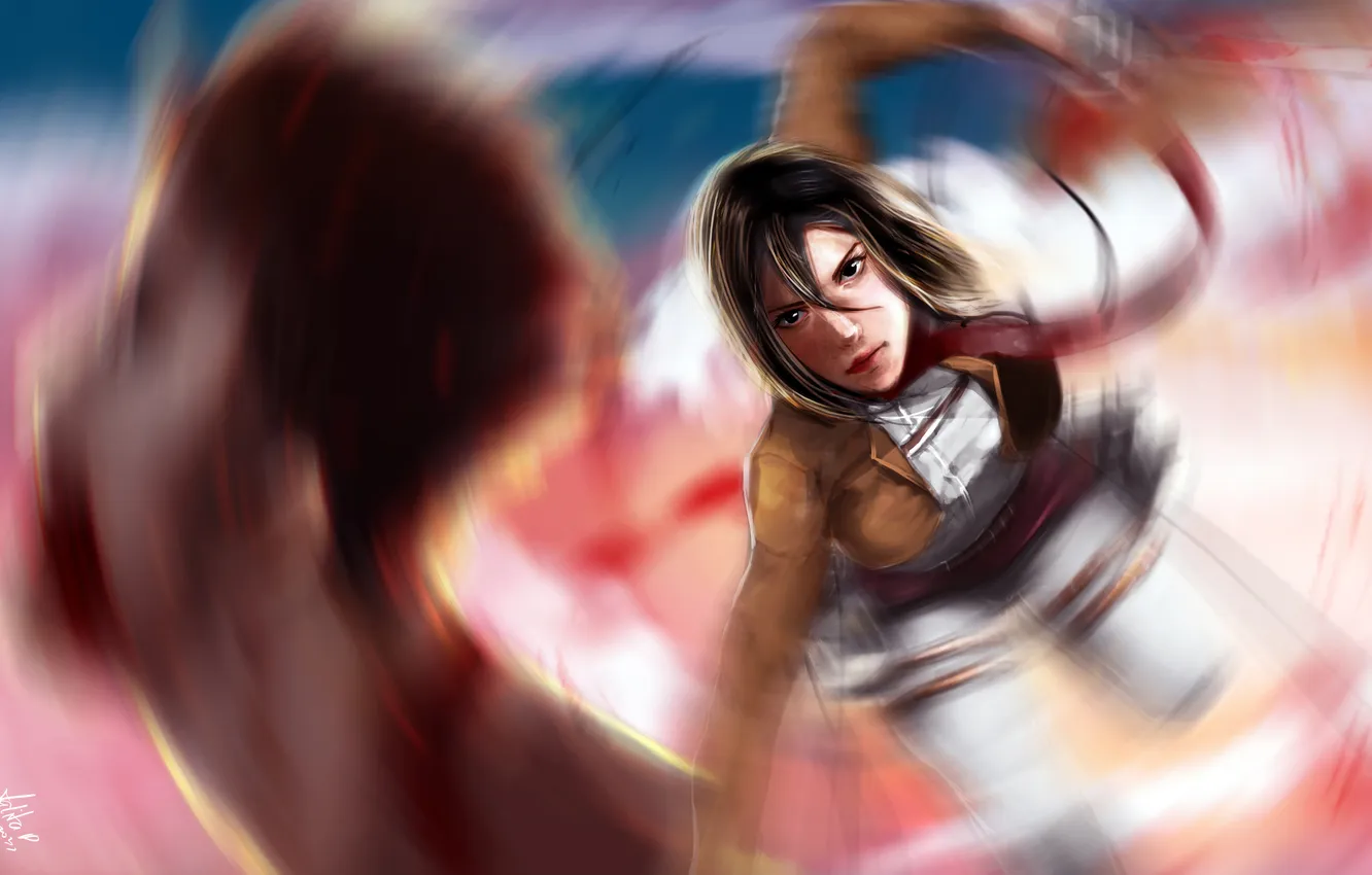 Photo wallpaper look, girl, face, weapons, blood, anime, art, Mikasa Ackerman