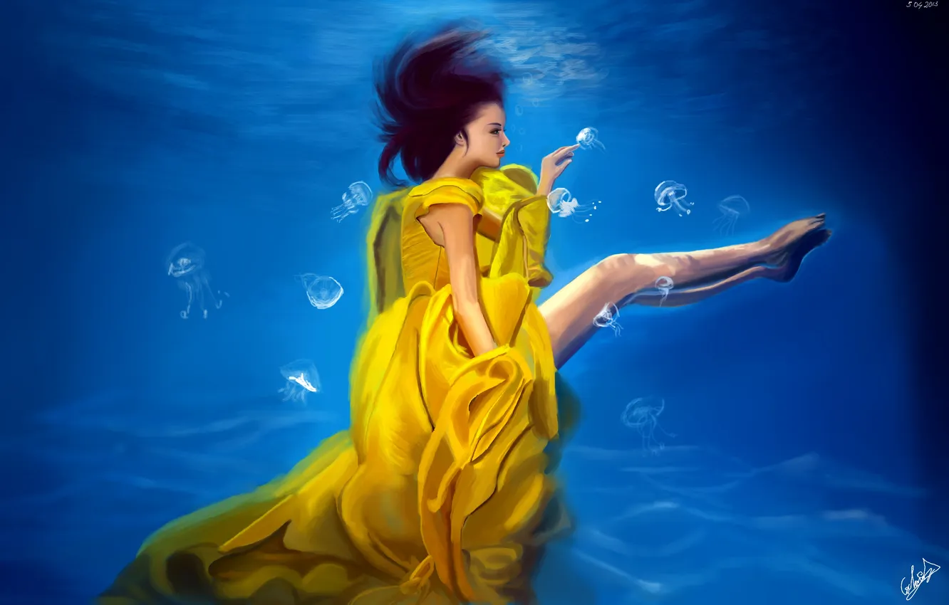 Photo wallpaper girl, face, art, jellyfish, profile, legs, painting, under water