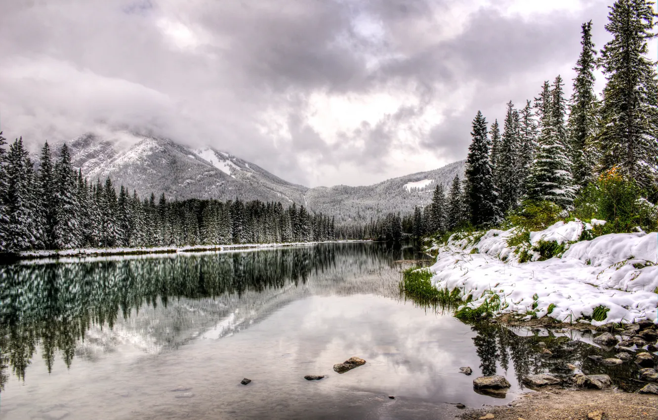 Photo wallpaper winter, water, clouds, snow, trees, landscape, mountains, nature