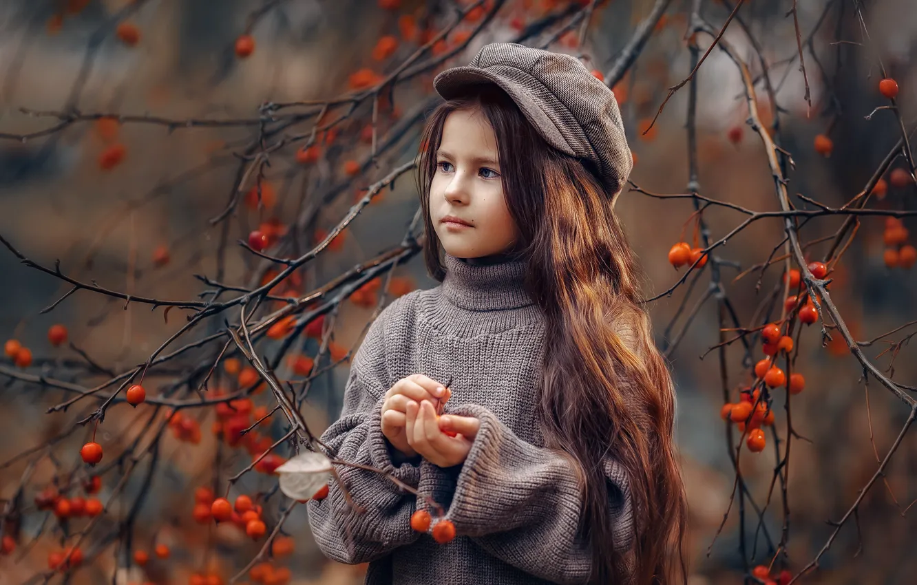 Photo wallpaper autumn, branches, portrait, fruit, girl, Olga Dodonova