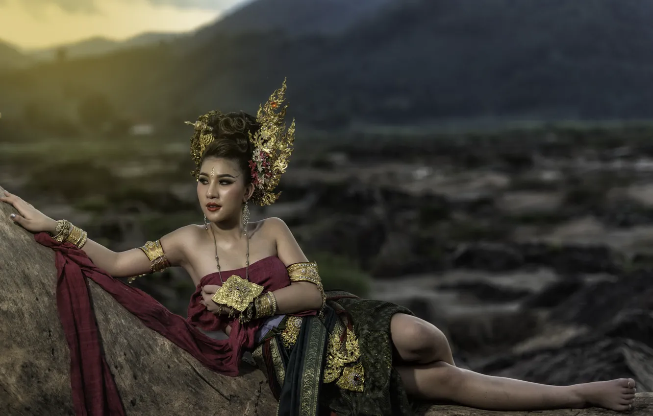 Photo wallpaper girl, decoration, mountains, stones, outfit