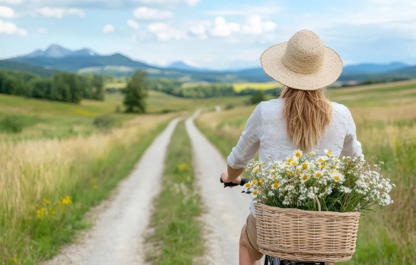 Photo wallpaper neural network, flowers, riding, bike, mountains, AI art, road, greens