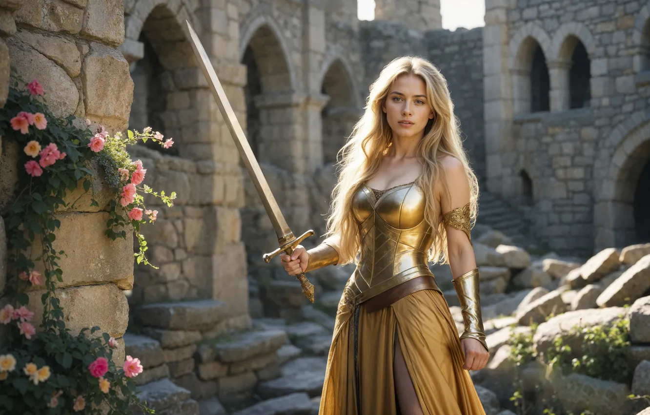 Photo wallpaper girl, castle, sword, blonde, warrior, digital art, AI art, The Art of Artificial Intelligence