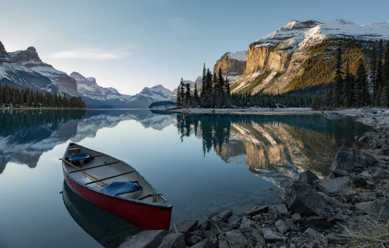 Photo wallpaper boat, reflection, snow, mountains, shore, pond, forest