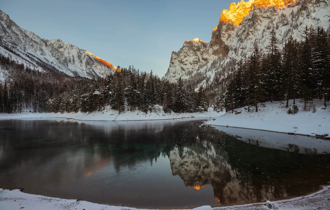 Photo wallpaper winter, forest, mountains, lake, reflection