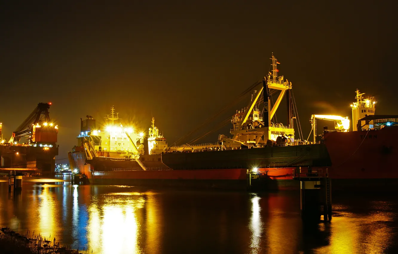 Photo wallpaper sea, night, lights, ship, port