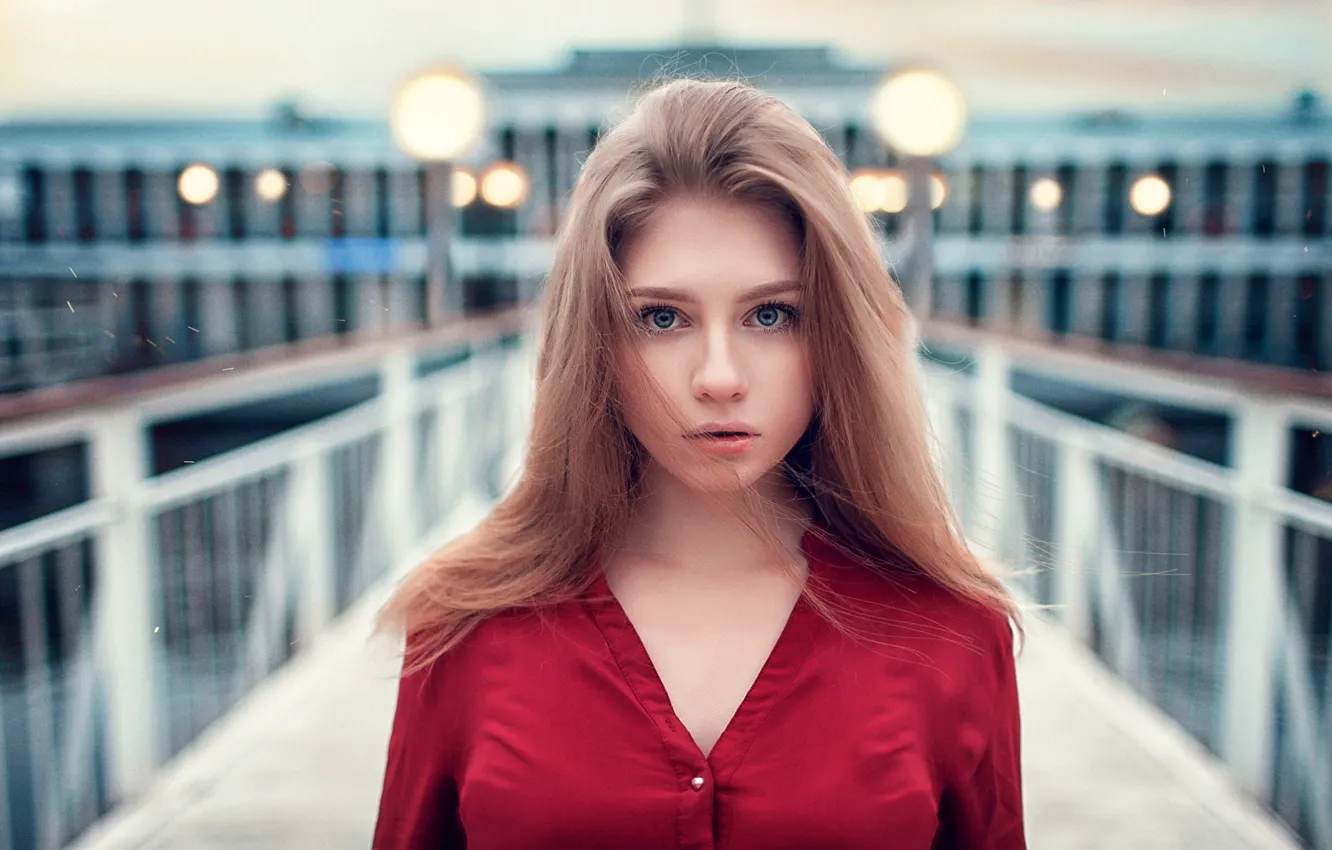 Photo wallpaper girl, bridge, lights, river, portrait, makeup, hairstyle, lights