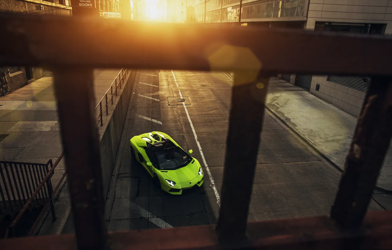 Photo wallpaper Roadster, Lamborghini, City, Chicago, Green, Front, Sunset, Downtown