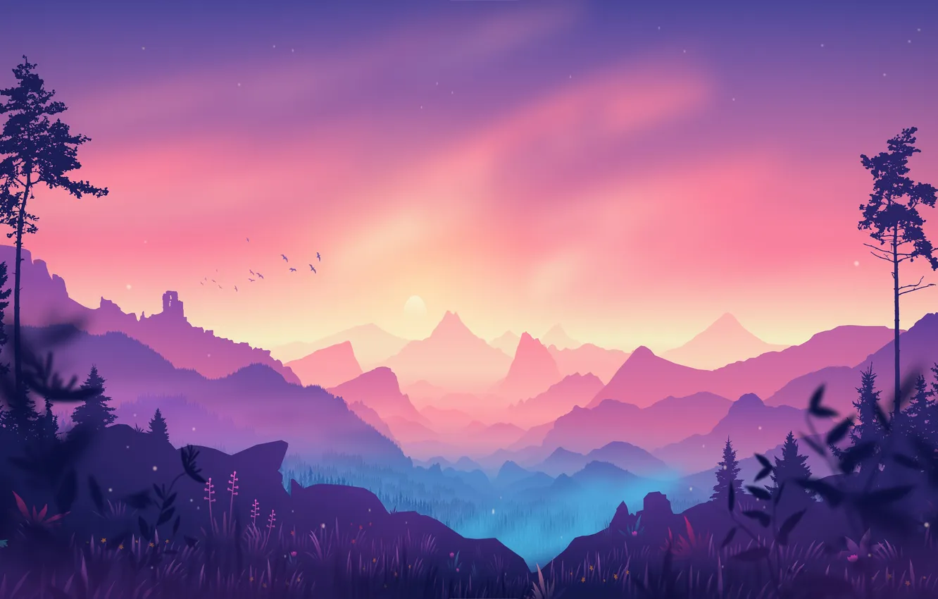Photo wallpaper field, the sky, stars, trees, landscape, sunset, mountains, nature