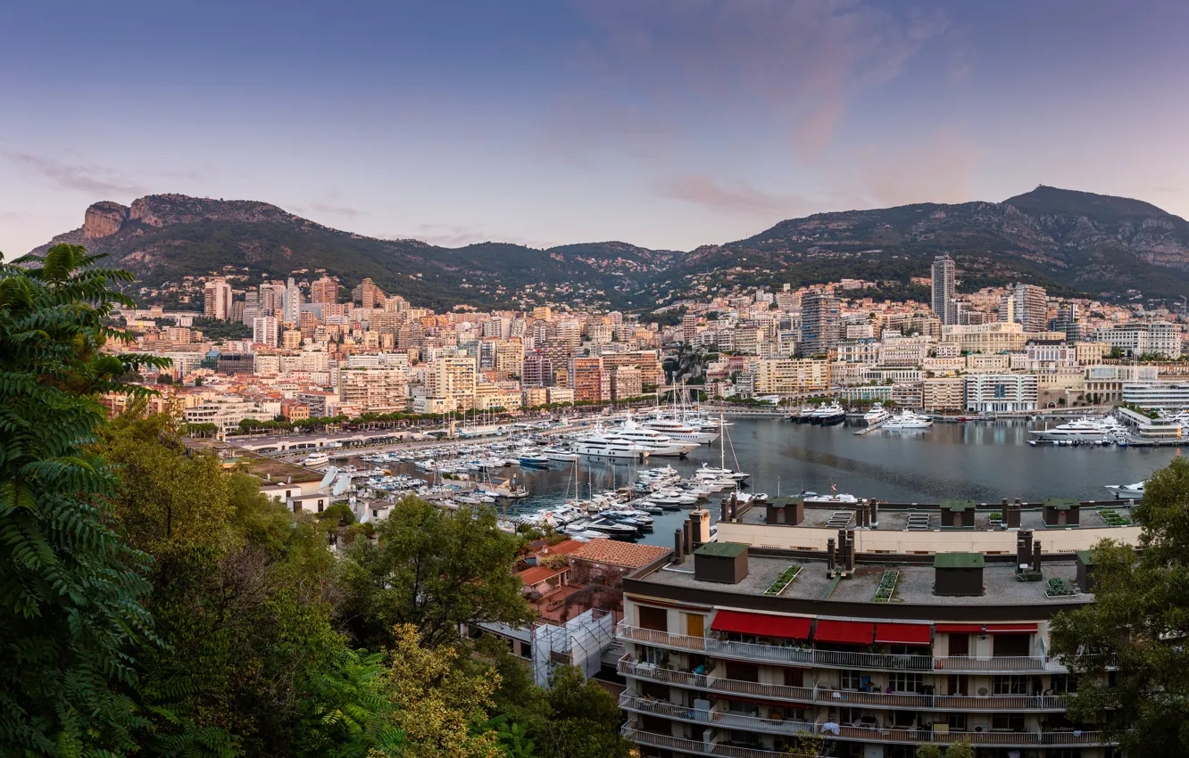 Photo wallpaper mountains, building, home, yacht, port, Monaco, harbour, Monaco