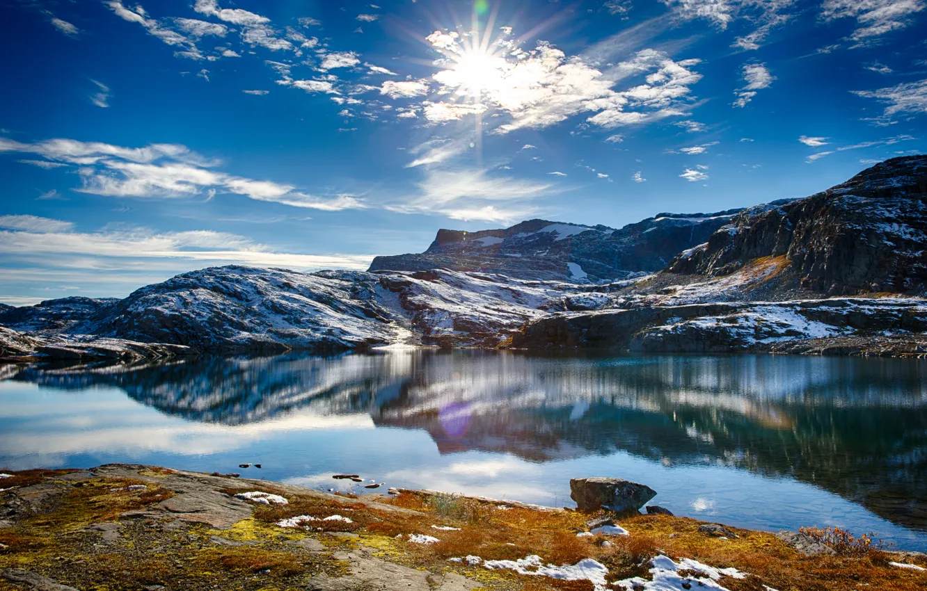 Photo wallpaper the sky, water, the sun, snow, nature, lake, hills, sky