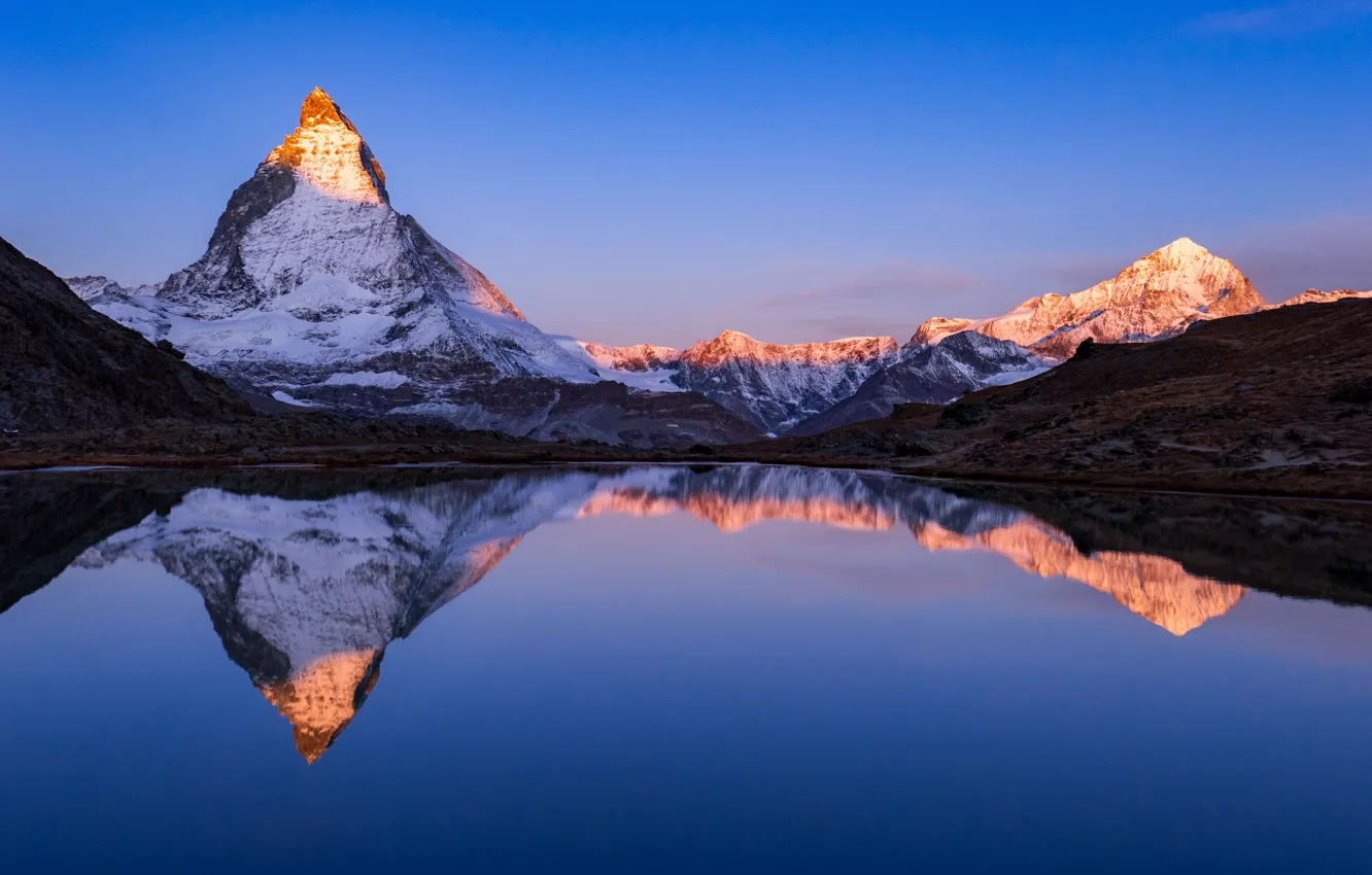 Photo wallpaper mountains, lake, reflection, Switzerland, Alps, Switzerland, Alps, Matterhorn Mountain