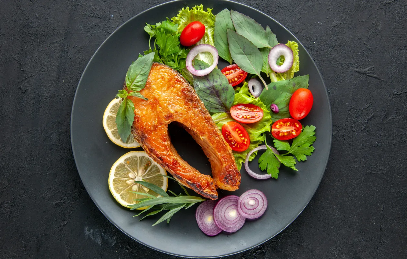 Photo wallpaper fish, vegetables, fried fish