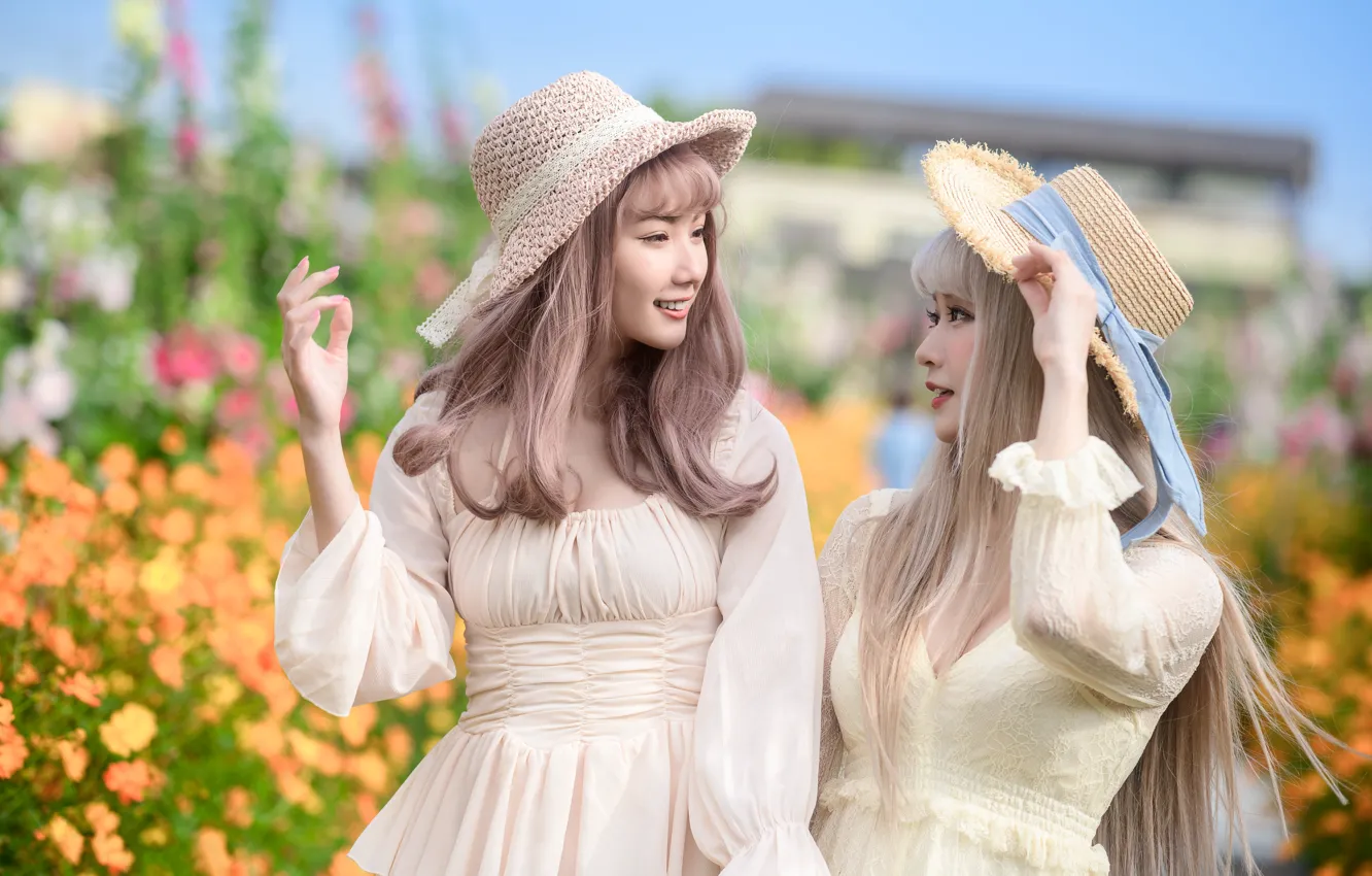 Photo wallpaper girl, flowers, yellow, pose, smile, hands, makeup, garden