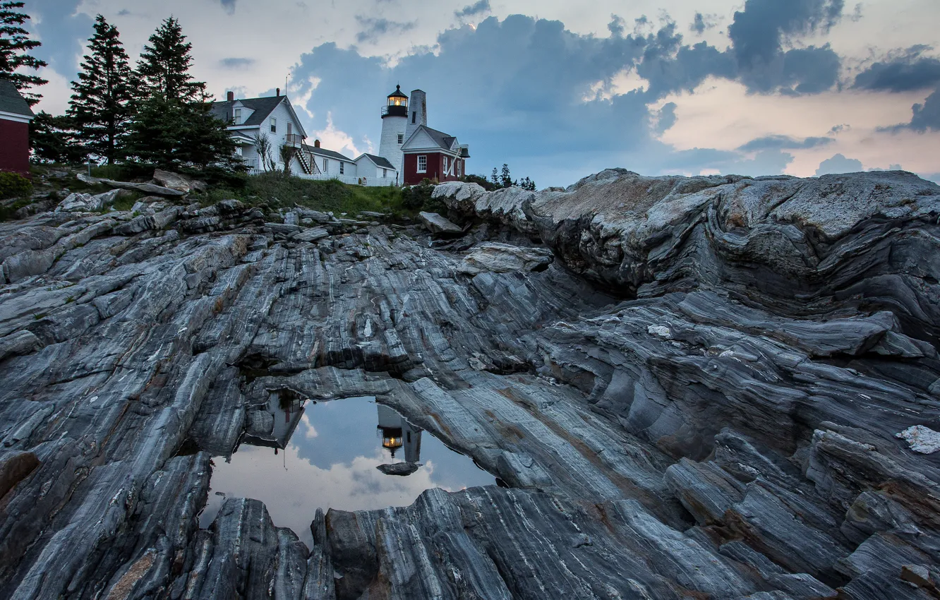 Photo wallpaper the sky, clouds, reflection, rocks, lighthouse, home, puddle, USA