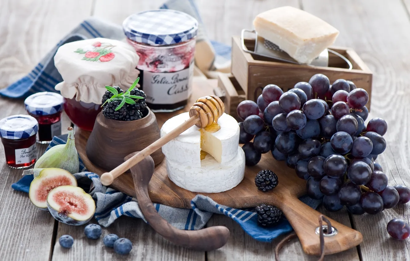 Photo wallpaper berries, cheese, blueberries, grapes, bunch, jars, spoon, Board