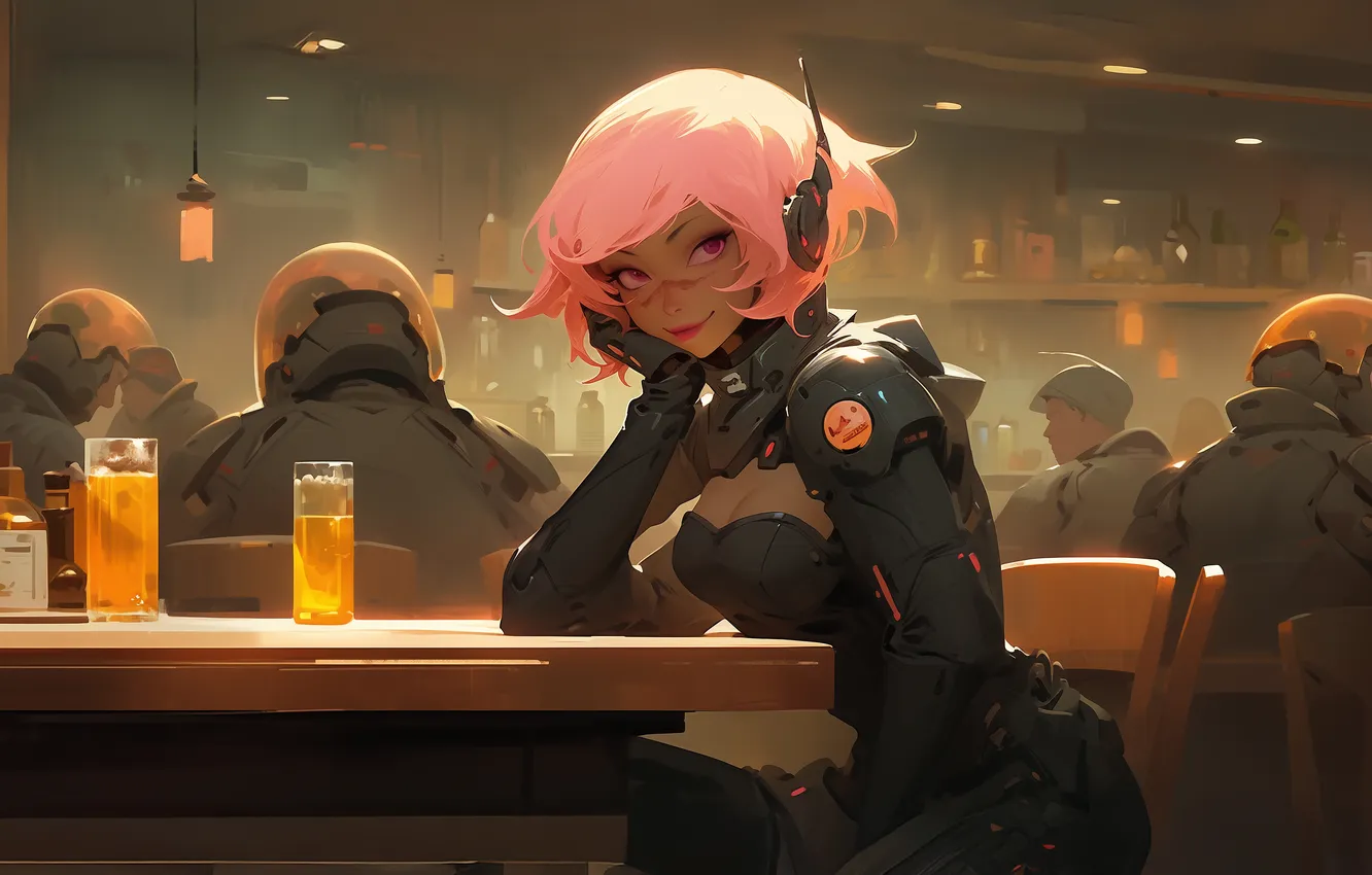 Photo wallpaper science fiction, bar, women, Illustration, sitting, Cyberpunk, looking at viewer, AI Art