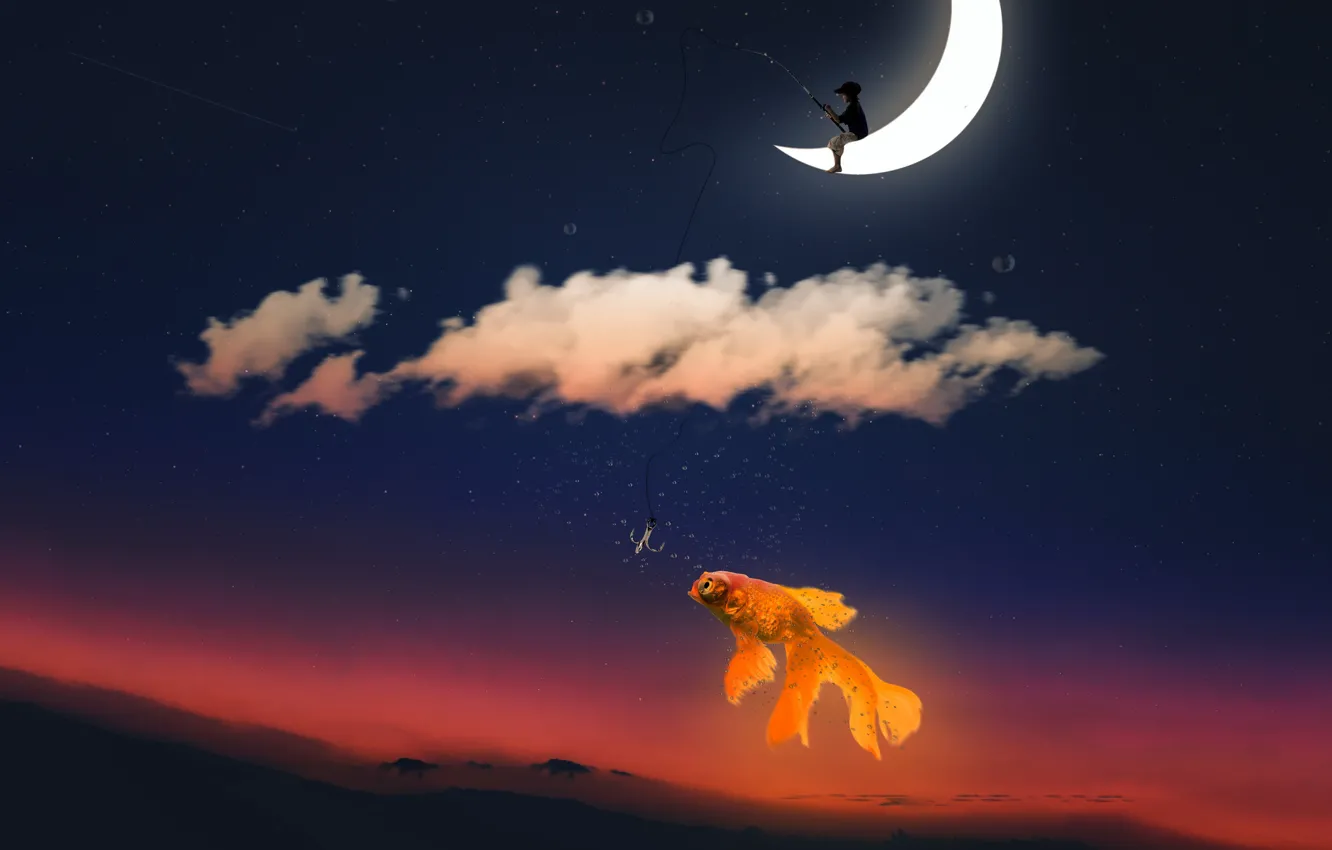 Photo wallpaper the sky, clouds, sunset, the moon, fishing, fish, stars, a month