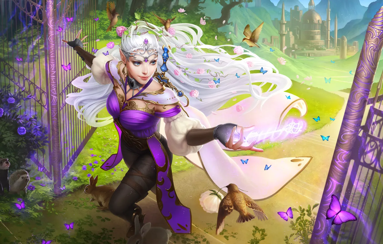 Photo wallpaper forest, girl, castle, animal, bird, butterfly, hair, hare