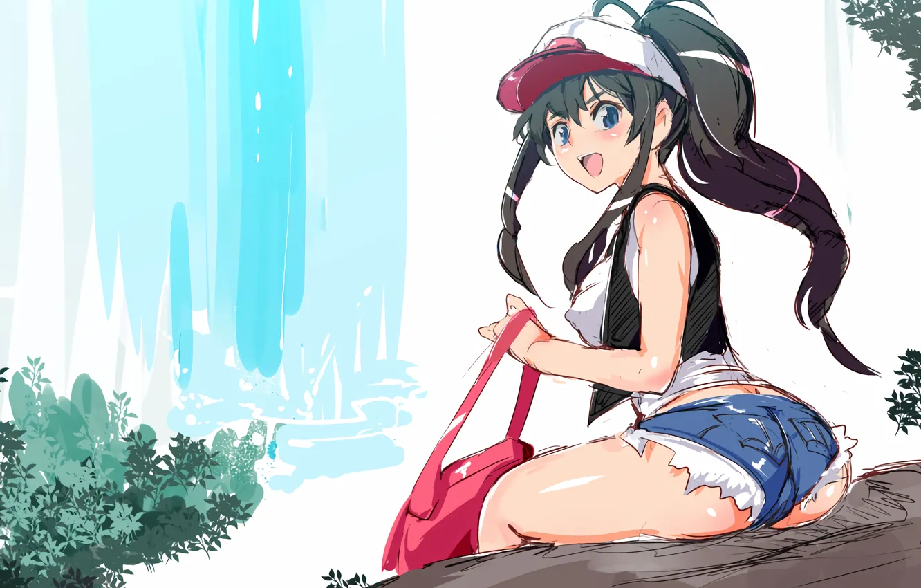 Photo wallpaper girl, sexy, ass, shorts, long hair, nature, anime, blue eyes