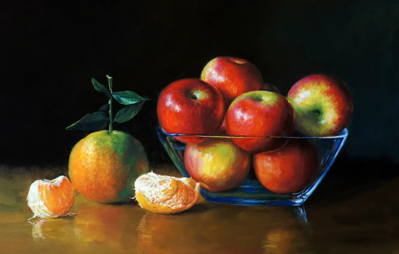 Photo wallpaper apples, picture, art, vase, painting, painting, tangerines, table.