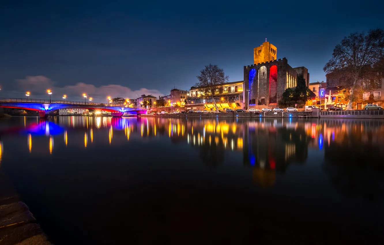 Photo wallpaper night, bridge, lights, river, France, tower, Languedoc-Roussillon, Agde