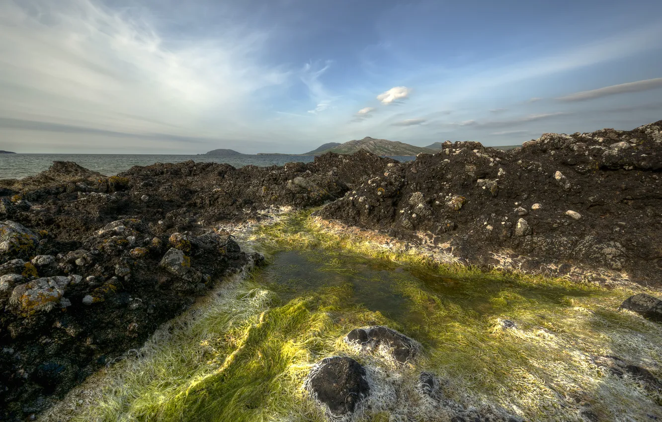 Photo wallpaper mountains, stones, Ireland, Ireland, weed, County Donegal, Portsalon Beach, Knockalla Bay