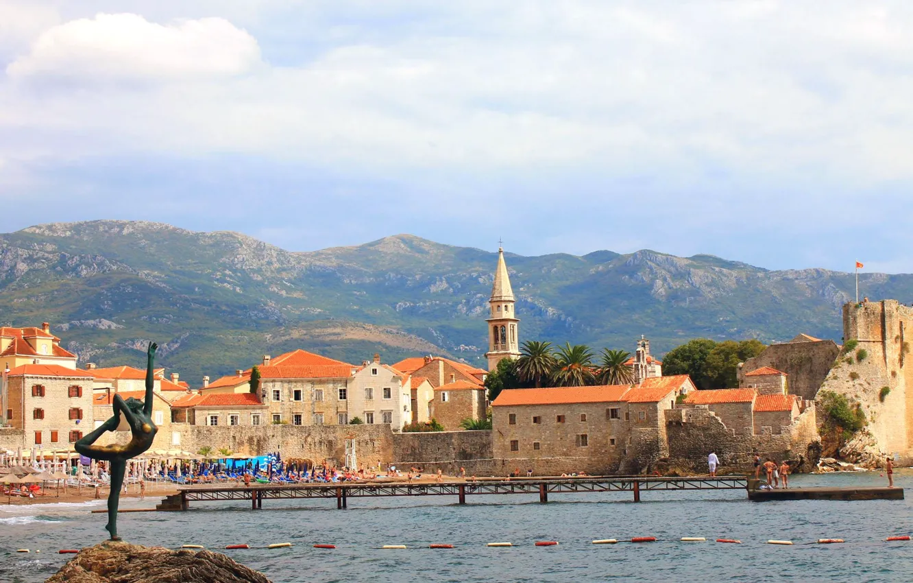 Photo wallpaper sea, mountains, home, statue, dancer, Montenegro, Budva