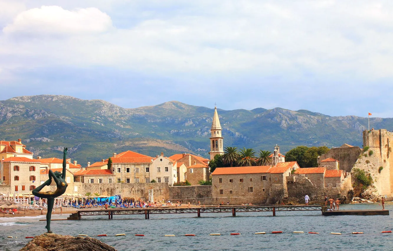 Photo wallpaper mountains, home, dancer, Budva, sea, Montenegro, statue