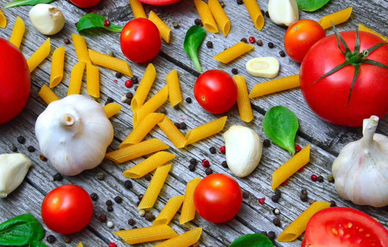 Photo wallpaper greens, tomatoes, garlic, pasta