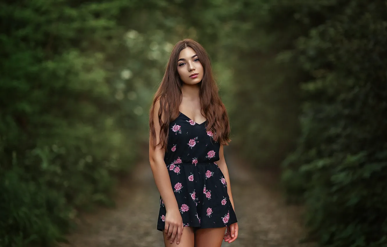 Photo wallpaper forest, summer, girl, nature, shorts, brunette, track, jumpsuit