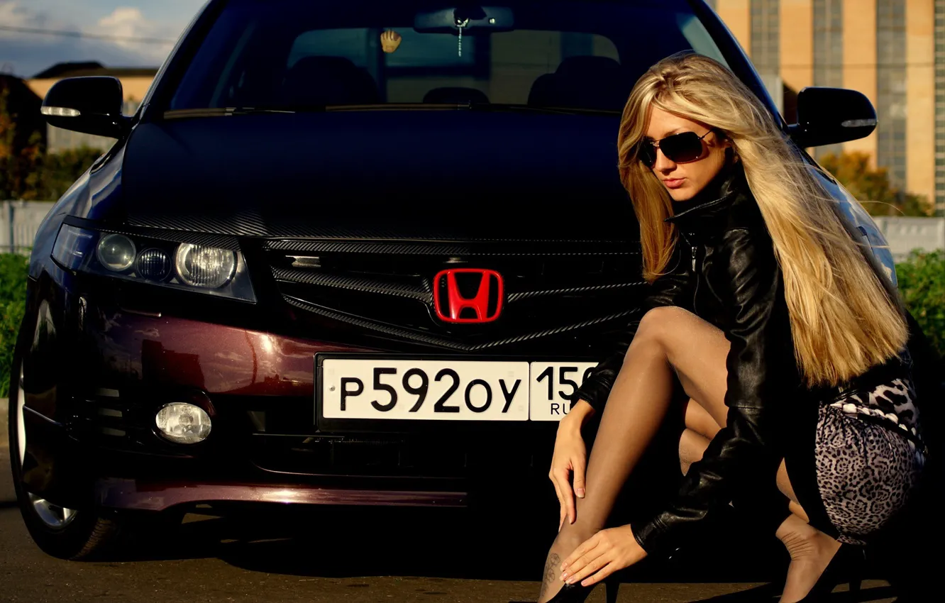 Photo wallpaper Girls, Blonde, glasses, Beautiful girl, Russian number, sitting on a car Honda
