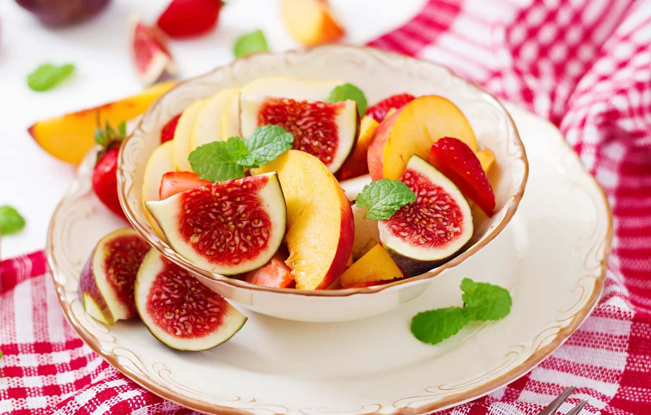 Photo wallpaper food, Breakfast, strawberry, fruit, mint, peach, salad, fruit