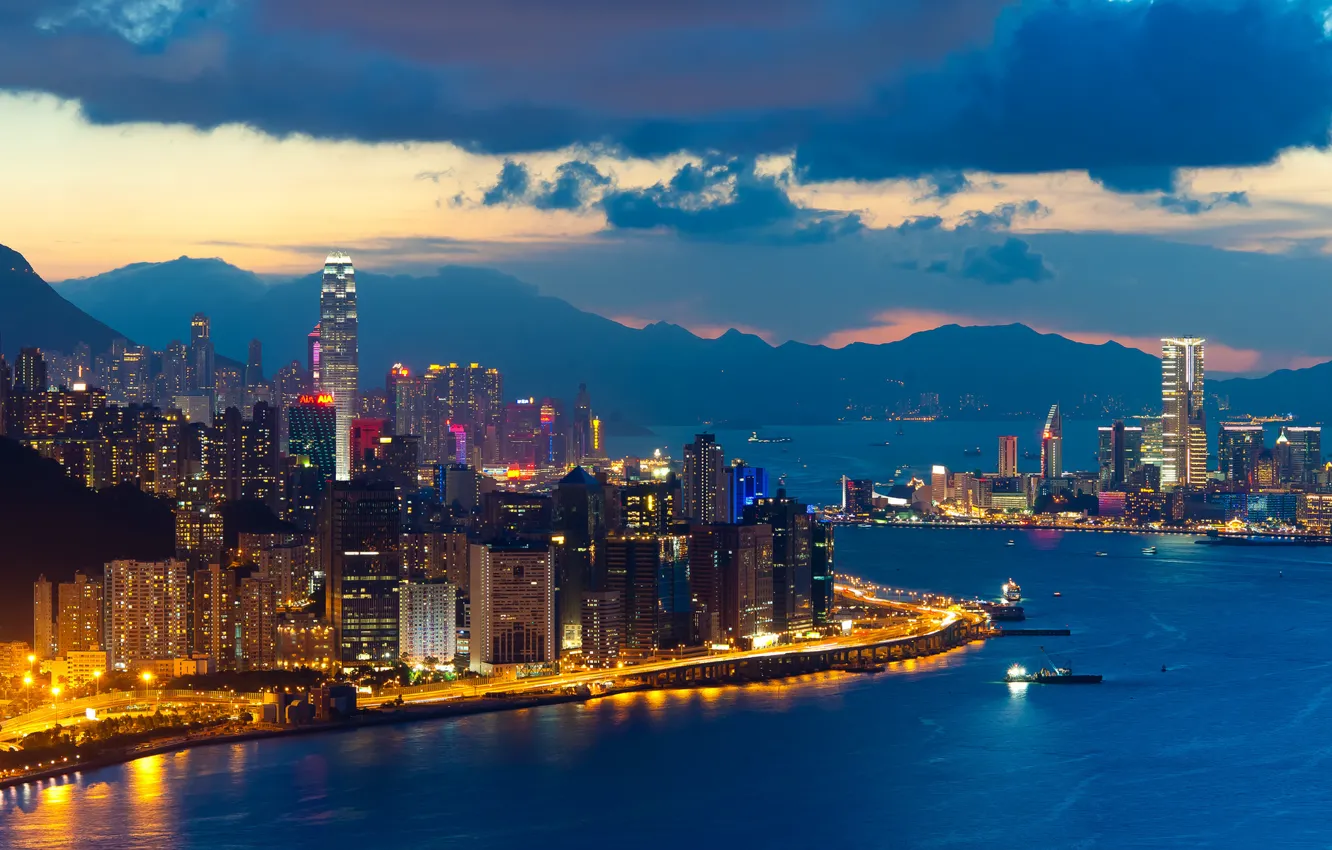 Photo wallpaper landscape, the city, building, the evening, twilight, Hong Kong