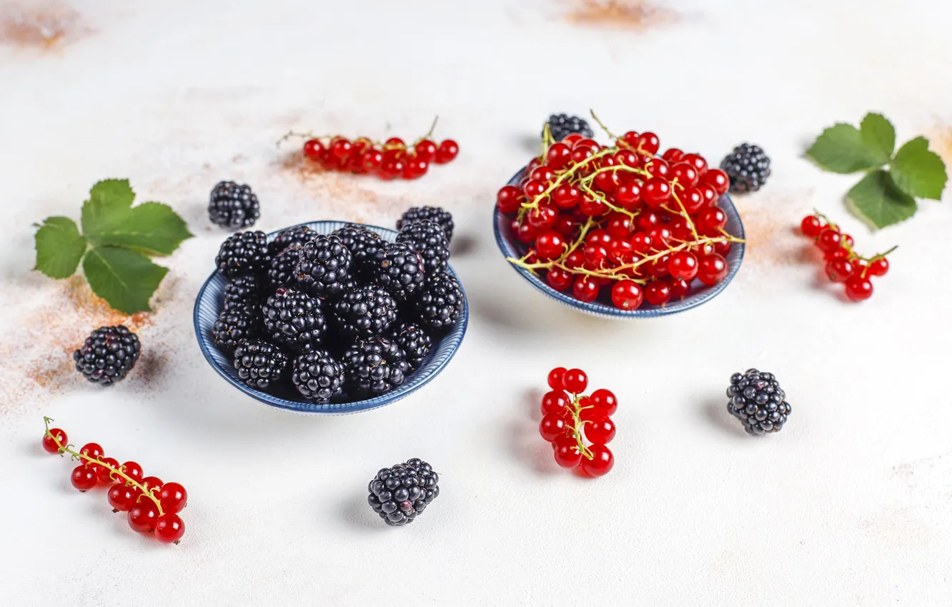 Photo wallpaper red, berries, table, bowl, leaves, placer, light background, currants