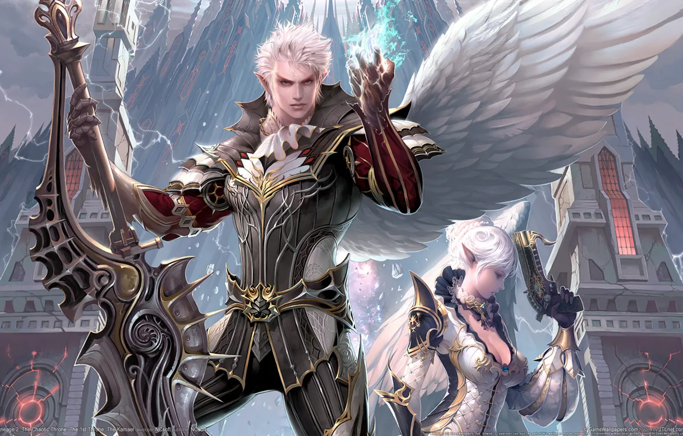Photo wallpaper the city, weapons, magic, wings, sword, warrior, lineage, Kamael
