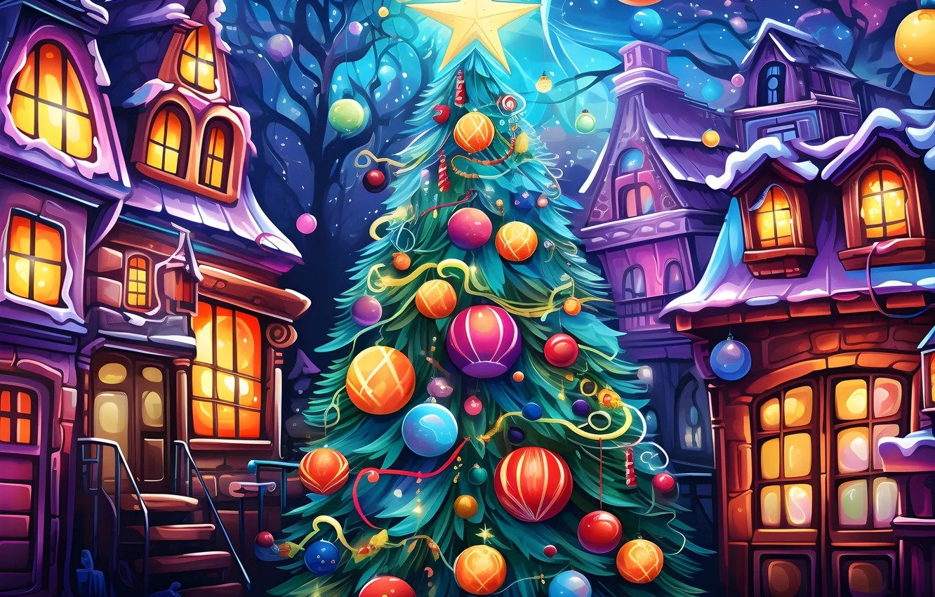 Photo wallpaper winter, toy, tree, new year, home, Christmas, digital art, AI art