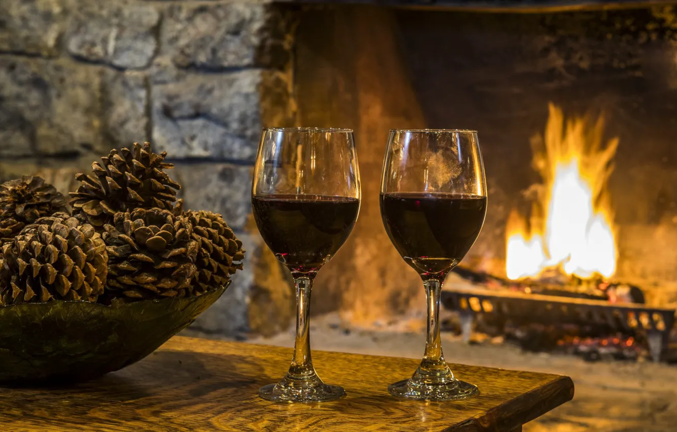 Photo wallpaper heat, wine, glasses, fireplace, bumps, cozy, wine by the fireplace at Garnet Hill Lodge