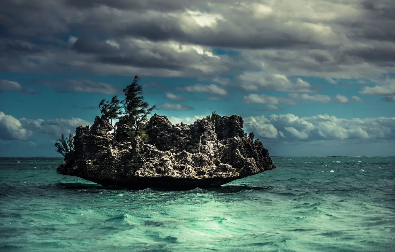 Photo wallpaper waves, wallpaper, rock, sea, ocean, clouds, picture, wind