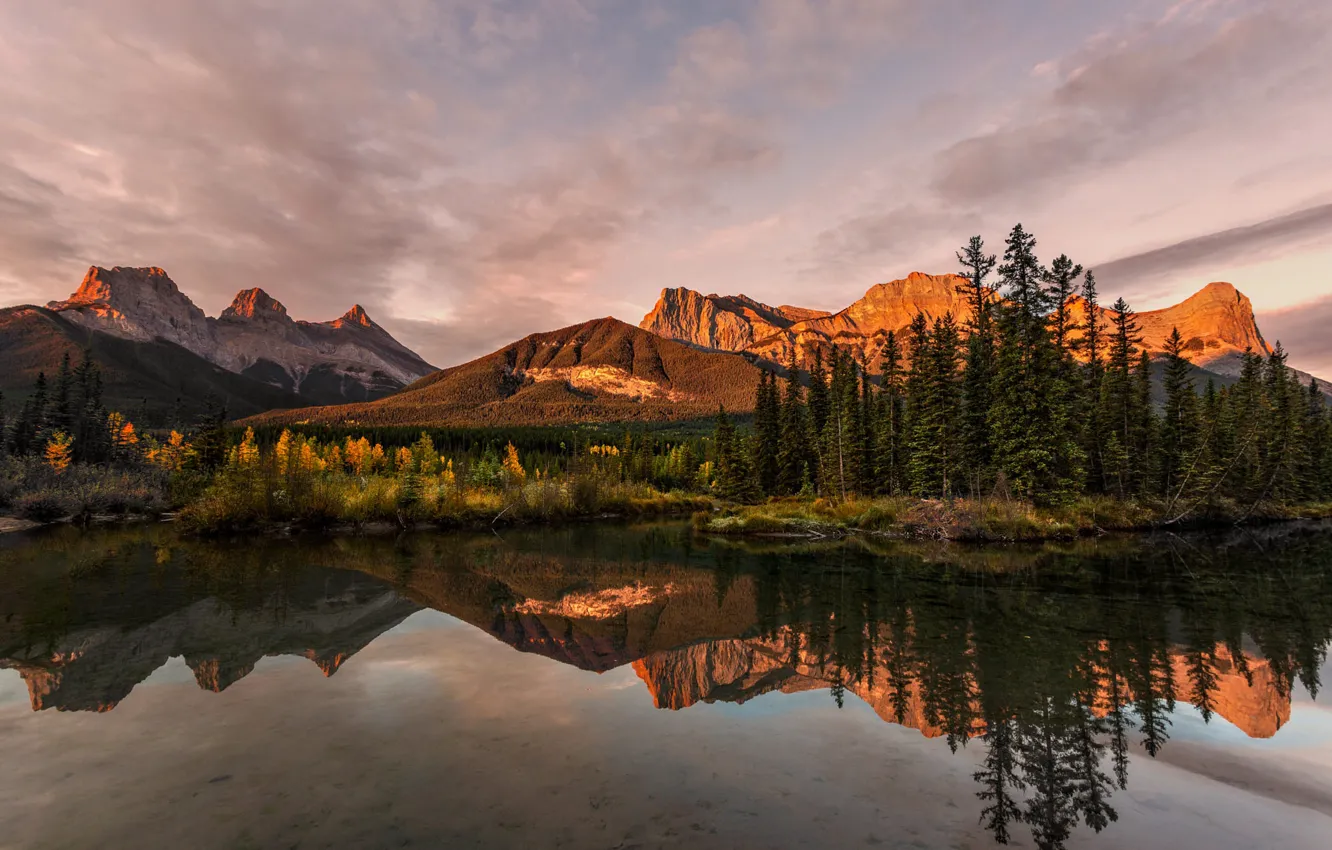 Photo wallpaper autumn, forest, light, mountains, reflection, shore, pond