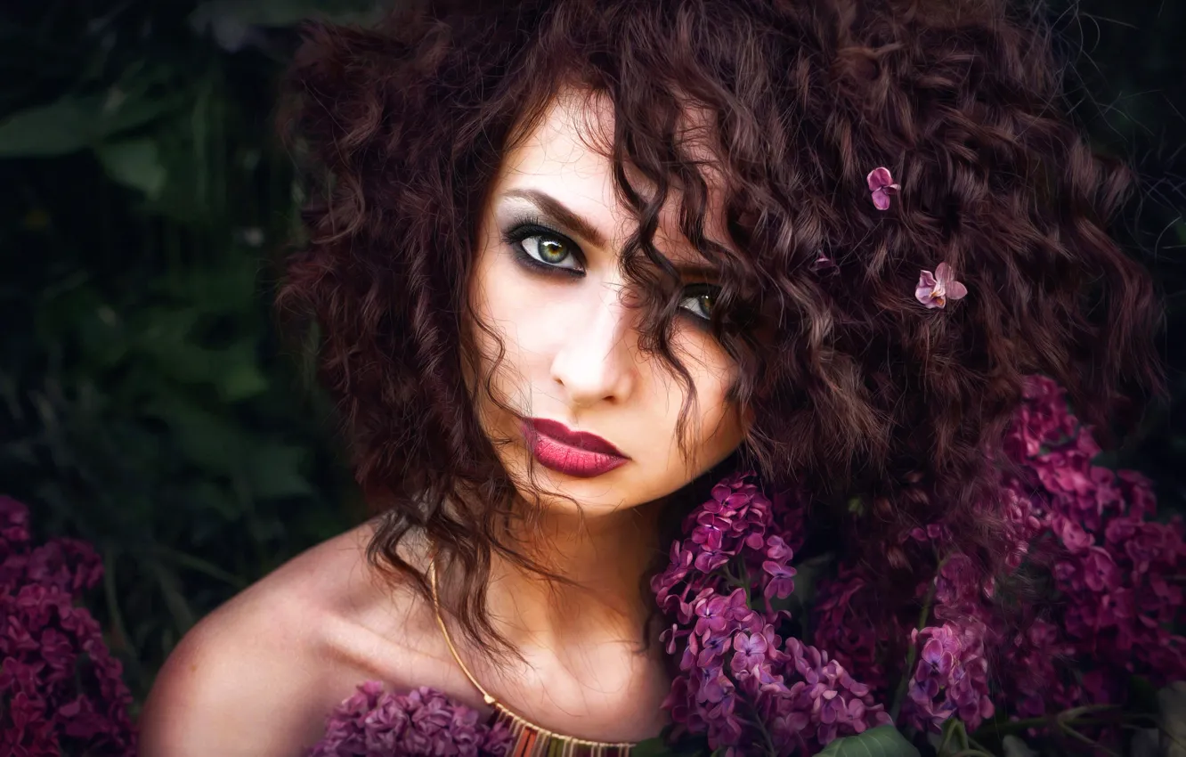 Photo wallpaper flowers, hair, portrait, makeup, lilac
