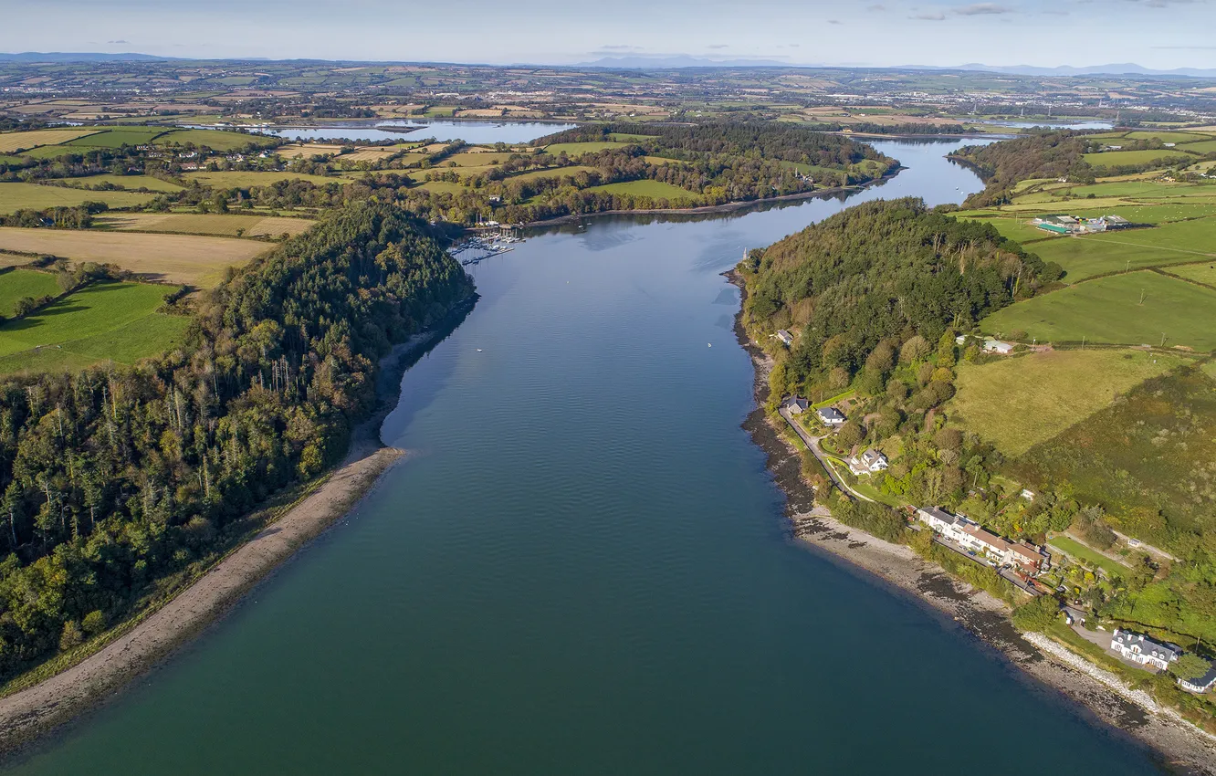 Photo wallpaper forest, the sky, clouds, trees, landscape, nature, river, plant