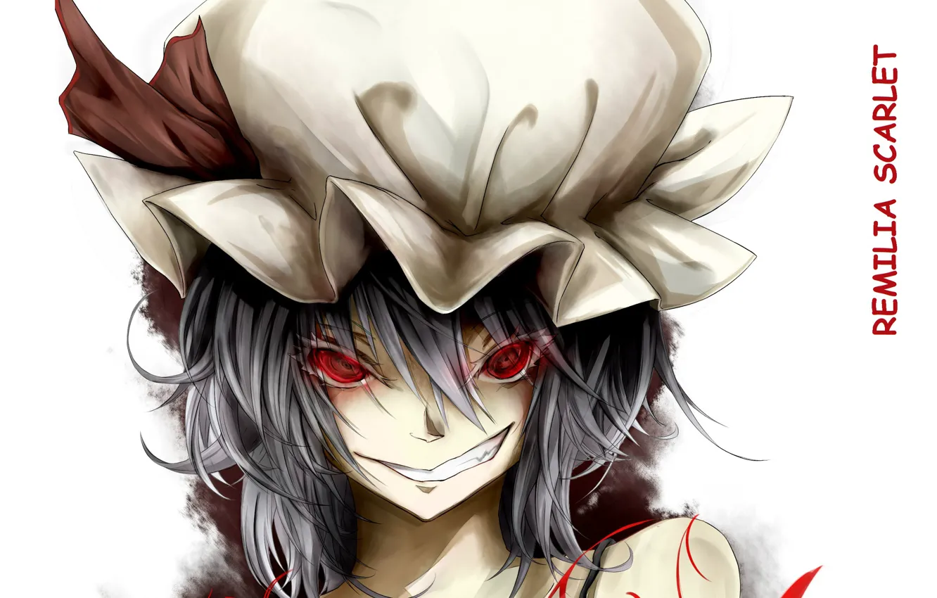 Photo wallpaper red eyes, remilia scarlet, art, vampire, hell of a grin, face, project East, cap