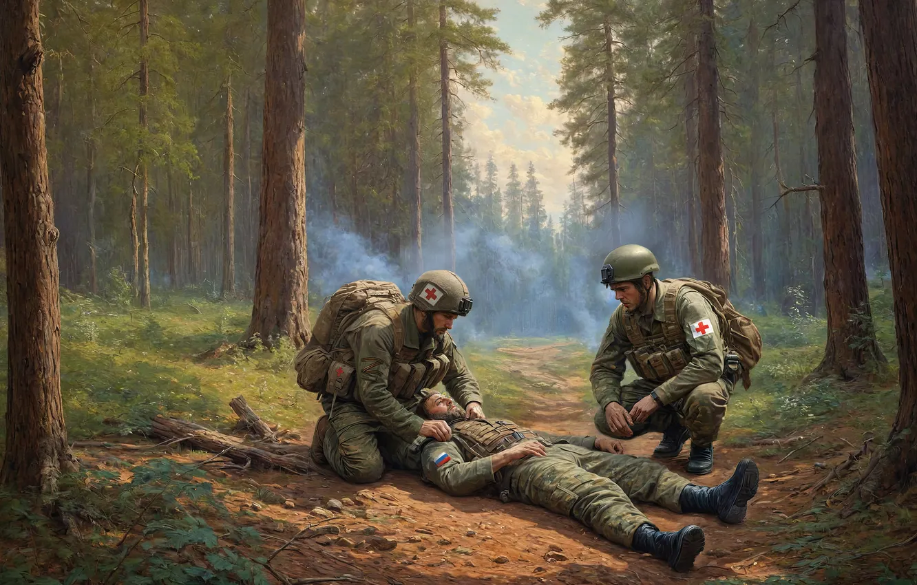 Photo wallpaper trees, war, art, soldiers, Russia, Ukraine, three, conflict