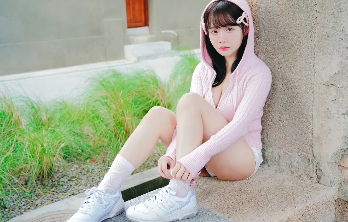 Photo wallpaper grass, cleavage, Asian, legs, women, brunette, sitting, bent legs