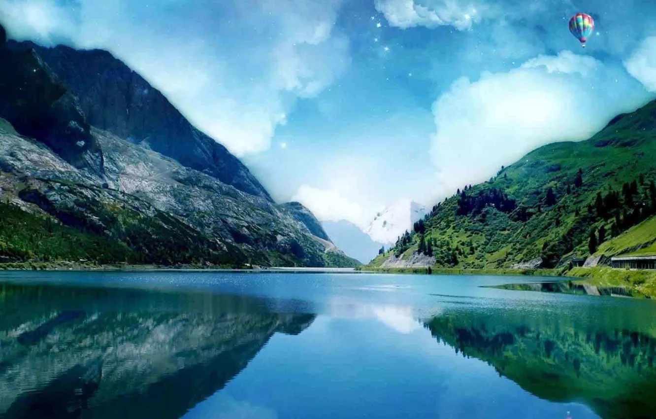 Photo wallpaper sea, mountains, nature, balloon, the ocean