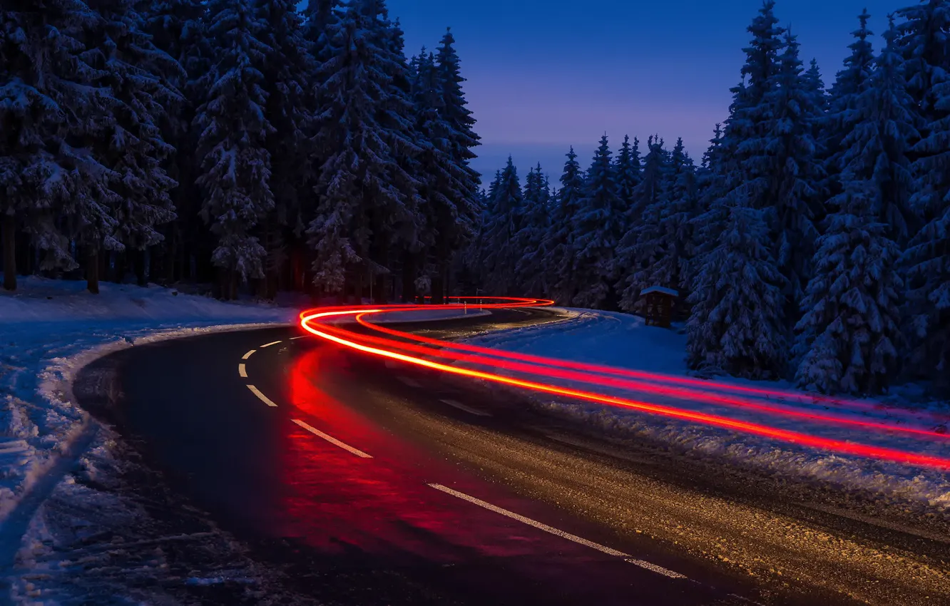 Photo wallpaper winter, road, forest, light, snow, night, lights, excerpt